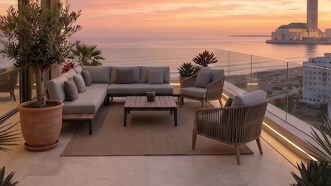 Image de départ&nbsp;: terrasse d'un penthouse face à la mer à Casablanca, image de démonstration générée par IA